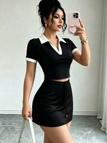 Franclia 女款夏季休閒拼色拼接上衣與裙子套裝 - 黑與白 - 查看 5