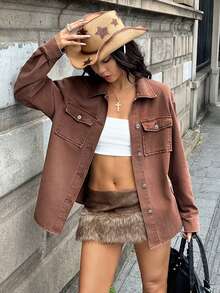 Jeanoix Jaket Denim Wanita dengan Kerah Lipat dan Saku Tempel - Coklat - View 3