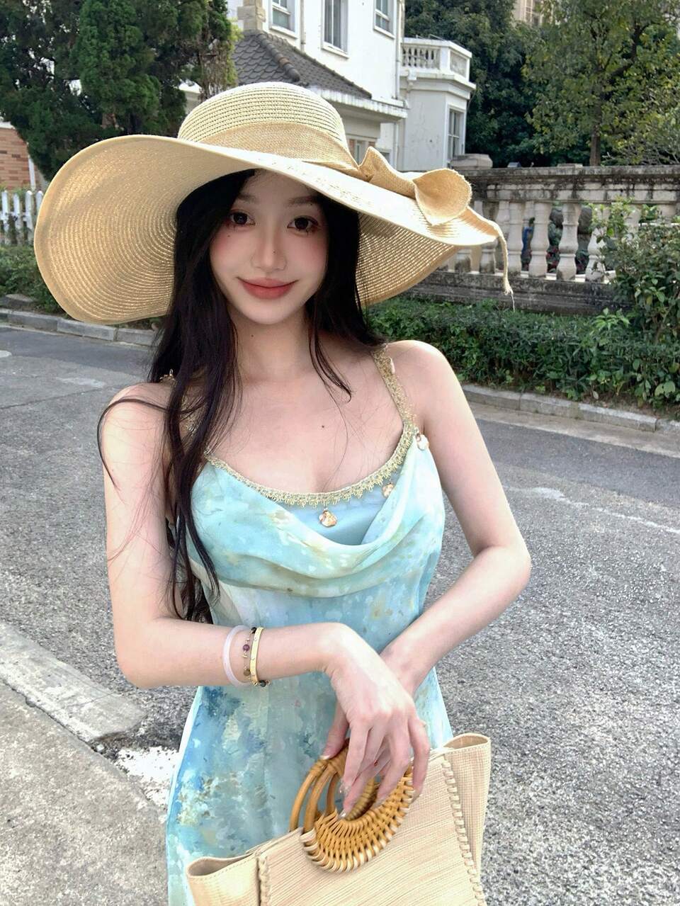 Women's Waist Cinched Spaghetti Strap A-Line Dress,Light Blue And White Summer Tropical Holiday Vacation Holiday,Elegant French Style Beach Sundress