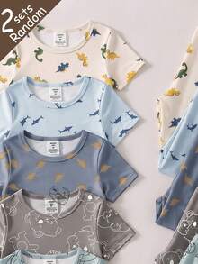 SHEIN 【6件套，随机发货2件套】男童紧身睡衣，春夏新品，时尚热销元素：恐龙、鲨鱼、狮子、大象、鳄鱼、考拉图案印花，针织弹力面料，短袖上衣和长裤两件套睡衣套装 - 彩色 - 查看 4