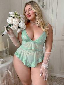 PetitDoll 2pcs Lace Contrast Mesh Plus Size Sexy Wireless Bra - Mint Green - View 1