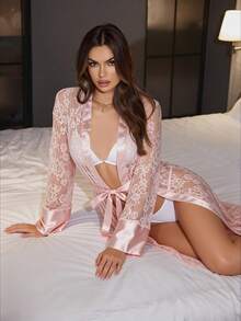 SilkySpell Gaun Tidur Wanita Seksi Berbahan Satin dengan Motif Renda Transparan dan Ikatan di Depan - Berwarna merah muda - View 5