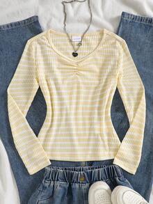 SHEIN Sparklyn 女童短袖休閒可愛INS風舒適寬鬆百搭 Polo 領粉色與白色條紋 T 恤 校園秋季 - 黃色 - 查看 5