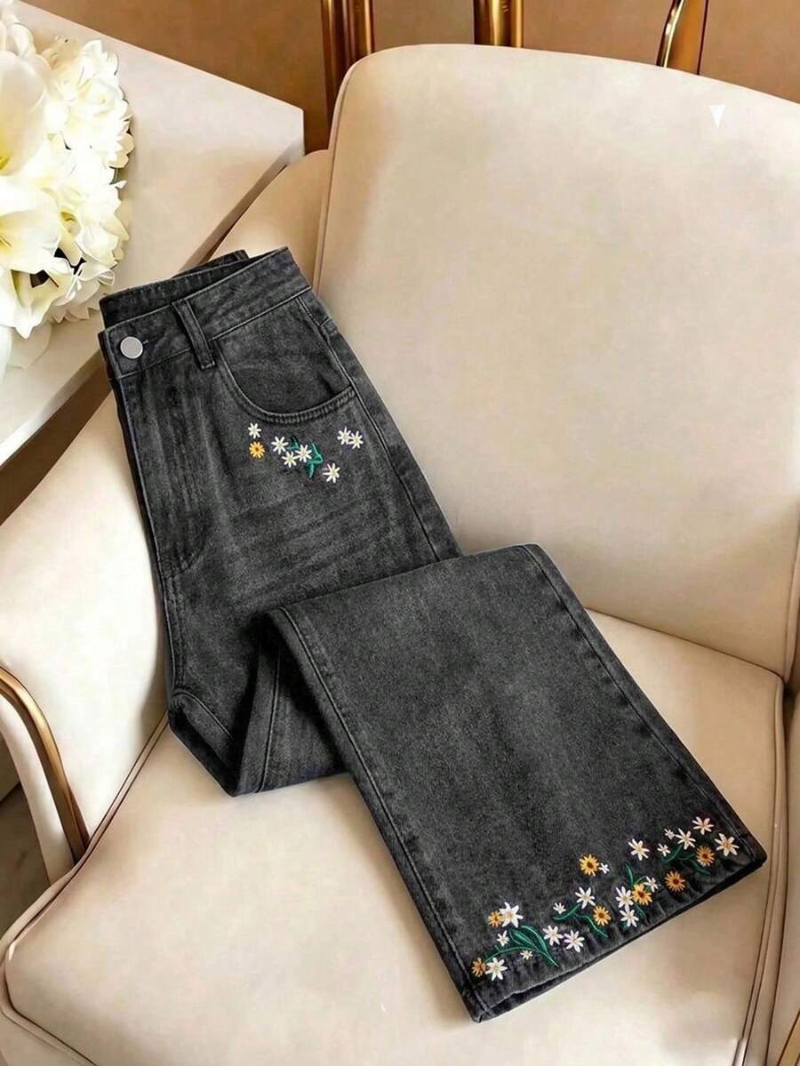 GlowEve Women's Summer Floral Embroidered Denim Jeans - Dark Grey - View 1