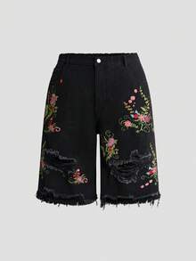 ROMWE Fairycore Plus Size Casual Pastoral Spring/Summer Embroidered Frayed Distressed Versatile Denim Mid-Length Pants - Black - View 1