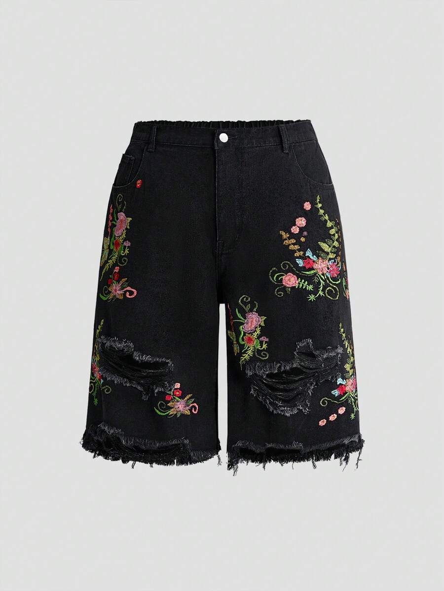 ROMWE Fairycore Plus Size Casual Pastoral Spring/Summer Embroidered Frayed Distressed Versatile Denim Mid-Length Pants - Black - View 1
