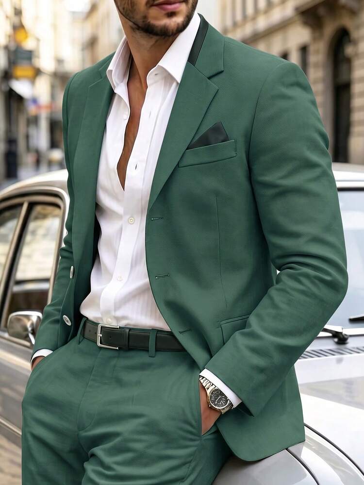 Manfinity Mode Blazer Bisnis/Perjalanan Pria Lengan Panjang dengan Kerah Warna Kontras - Dark Green - View 1