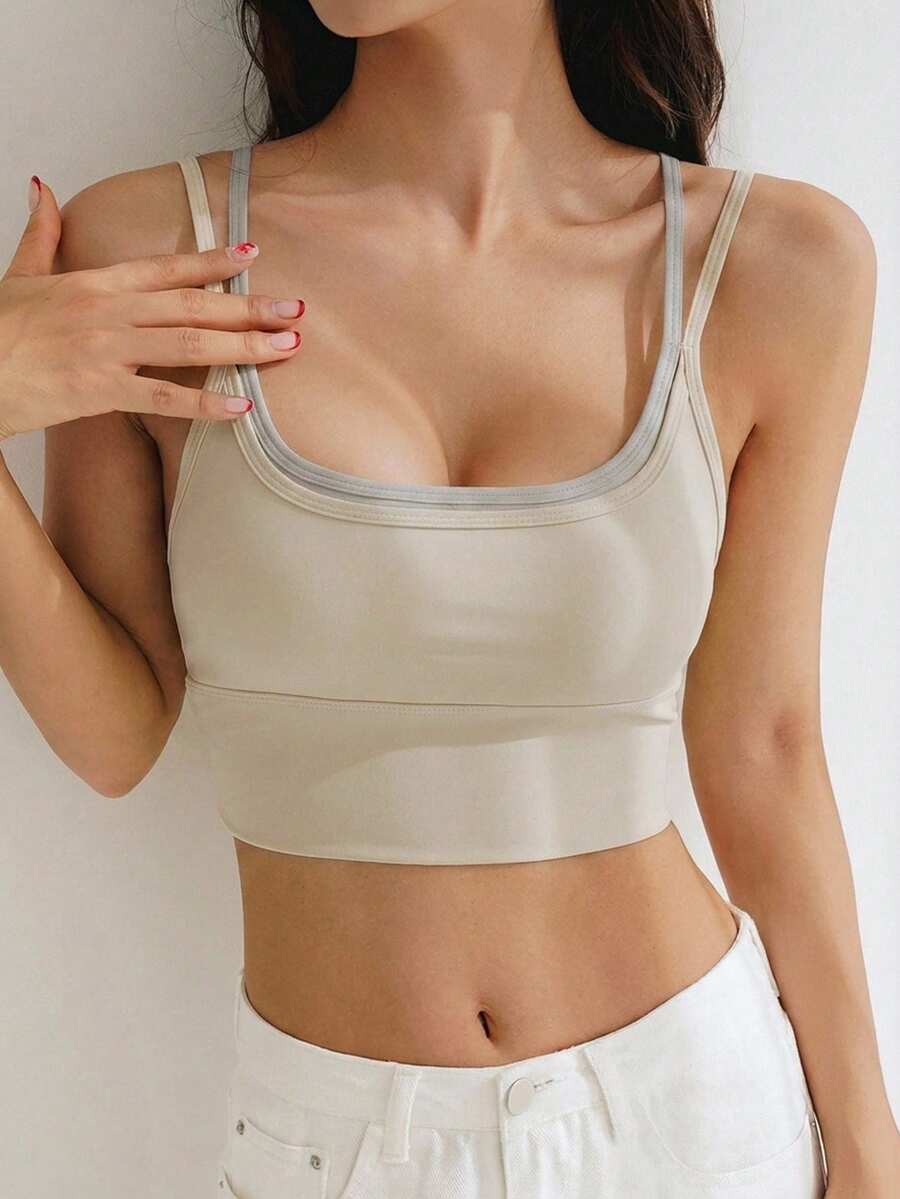 DAZY Contrast Color Double Strap Padded Slight Push-Up Seamless Women's Sports Bra - Beige - View 1
