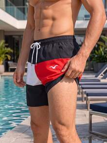 Manfinity Swimmode 男士對比色抽繩腰鬆身沙灘短褲，夏季度假風 - 黑與白 - 查看 3