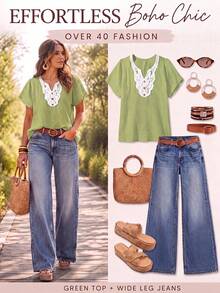SHEIN LUNE CURVE Plus Size Summer Casual Colorblock Lace Patchwork Blouse - Green - View 8