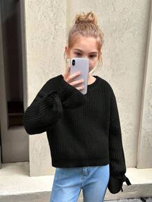 SHEIN 少女女孩純色圓領休閒日常長袖秋冬毛衣 - 黑色 - 查看 9