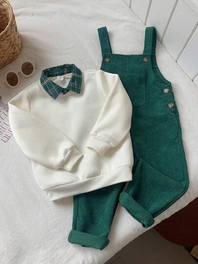 SHEIN Niños Niño/Niña Joven, Conjunto de 2 piezas de sudadera casual de moda para otoño/invierno para niño joven, sudadera con cuello POLO y peto de pana verde, ropa de otoño/invierno para niño joven, atuendos, Squishy