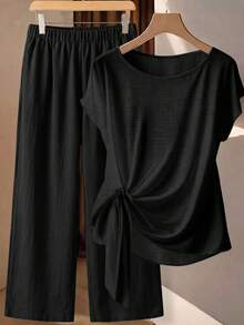 SHEIN Clasi Women's Summer Solid Color Round Neck Top And Long Pants Casual Daily Outfit - Black - View 1