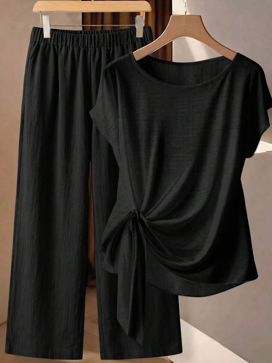 SHEIN Clasi Women's Summer Solid Color Round Neck Top And Long Pants Casual Daily Outfit - Black - View 1