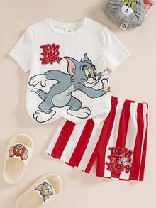 TOM & JERRY X SHEIN 小男孩字母卡通印花T恤短褲休閒日常穿搭套裝 - 紅色 - 查看 1