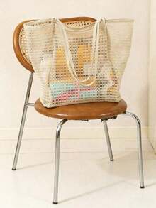 1Pc Fashion Foldable Women Beach Tote Bag, Large Capacity Transparent Mesh Shoulder Bag, Durable Oxford Fabric, Lightweight Spacious For Travel Shopping Vacation Storage - Multicolor - View 5