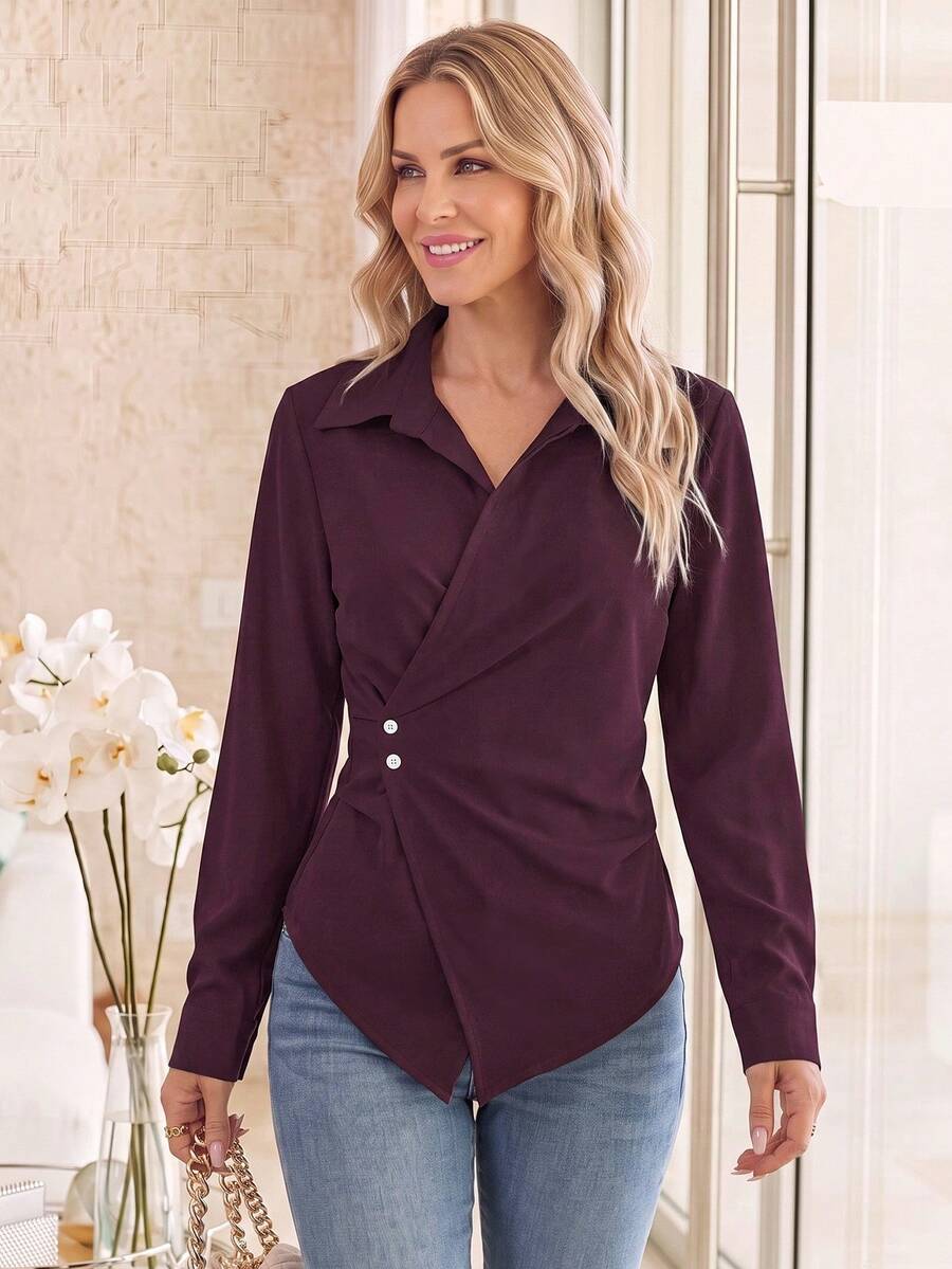 EMERY ROSE Blusa de manga larga con envolvente de color liso para mujer, camisa de mujer para primavera y otoño - Rojo violeta - Ver 1