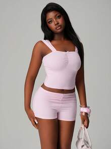 Nooralise Women's Coquette Pink Cami Top - Lace Trim Sweetheart Neck Ruched Tank Top With Bow - Pink - View 1