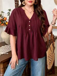 Lacomfia Burgundy Ruffle Short Sleeve Wooden Button Decor Fitted Loose Minimalist Elegant Casual Plus Size Shirt Teachers' Day Office Party Summer - Burgundy - View 5