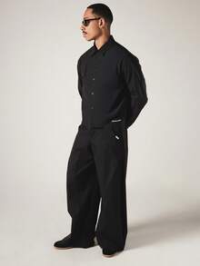 SUMWON Solid Black Cropped Boxy Shirt With Point Collar Metal Snap Buttons Long Sleeves Smart Casual Overshirt For Autumn Winter - Black - View 1