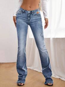 SHEIN Women's Outdoor Fashion Commute Leather Patch Decor Slim Fit Multi-Pocket Blue Jeans - Medium Wash - View 4