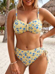 Swim Lushoire Set Bikini Bandeau Wanita Ukuran Plus Terbaru Musim Panas 2026 dengan Motif Manis dan Lucu, 2 Potong, Dilengkapi Bawahan Segitiga Berpinggang Tinggi dan Detail Kerut di Samping. - Kuning - View 4