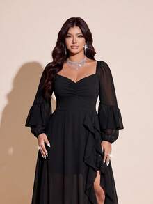 Viva Relle Plus Size Women's Ruched Bust Flowy Hem Long Dress With Ruffle Trim, Suitable For Dating, Cocktail Party, Party And Other Occasions Fall - Black - View 4