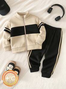 SHEIN 2pcs Young Boys Sports Casual Daily Comfortable Printed Loose Stand Collar Open Front Sweatshirt Jacket And Pants Set, Suitable For Outings, School, Daily Gatherings, Autumn/Winter - Apricot - View 2