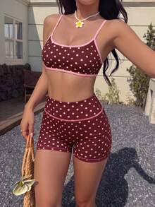 SHEIN Sports Women's Polka Dot Print Solid Color Trim Sports Tank Top And Shorts High Elastic Comfortable Athletic Set - Multicolor - View 6