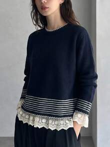 EMERY ROSE Plus Size Jacquard Lace Patchwork Pullover Sweater For Vacation Winter - Royal Blue - View 1