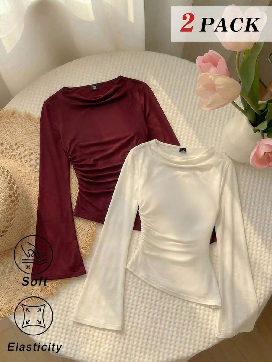 SHEIN MOD 2件装女士酒红色和杏色圆领褶皱喇叭袖腰部褶皱不对称下摆百搭长袖T恤 - 彩色 - 查看 1
