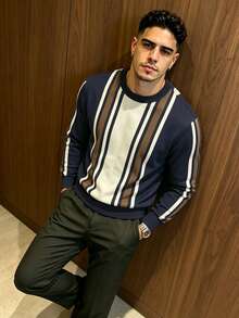 Manfinity Dauomo Men's Colorblock Striped Pullover Sweatshirt - Apricot - View 3