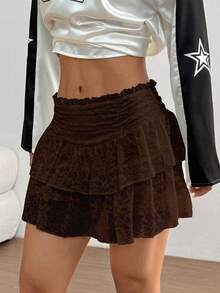 TRNVIE Women Lace Ruffle Flounce Hem Skirt - Brown - View 4