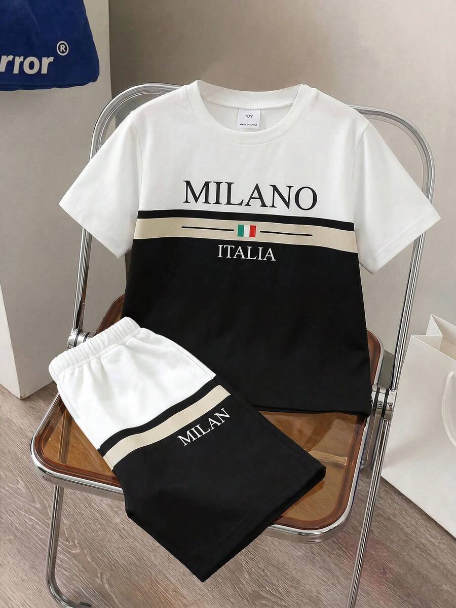 SHEIN 男童两件套服装,2026春夏新款休闲舒适撞色“MILANO ITALIA”字母图案T恤和短裤套装,适合春夏外出、休闲、度假穿着。 - 彩色 - 查看 1