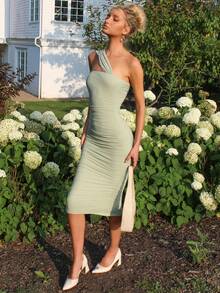 Sydney Algeri Gaun Pesta Musim Panas Wanita Warna Hijau Sage yang Menggoda, Gaun Midi Bodycon Berkerut Satu Bahu yang Elegan, Gaun Tanpa Lengan Berkerut Asimetris Bergaya Vintage yang Modis - Hijau - View 5