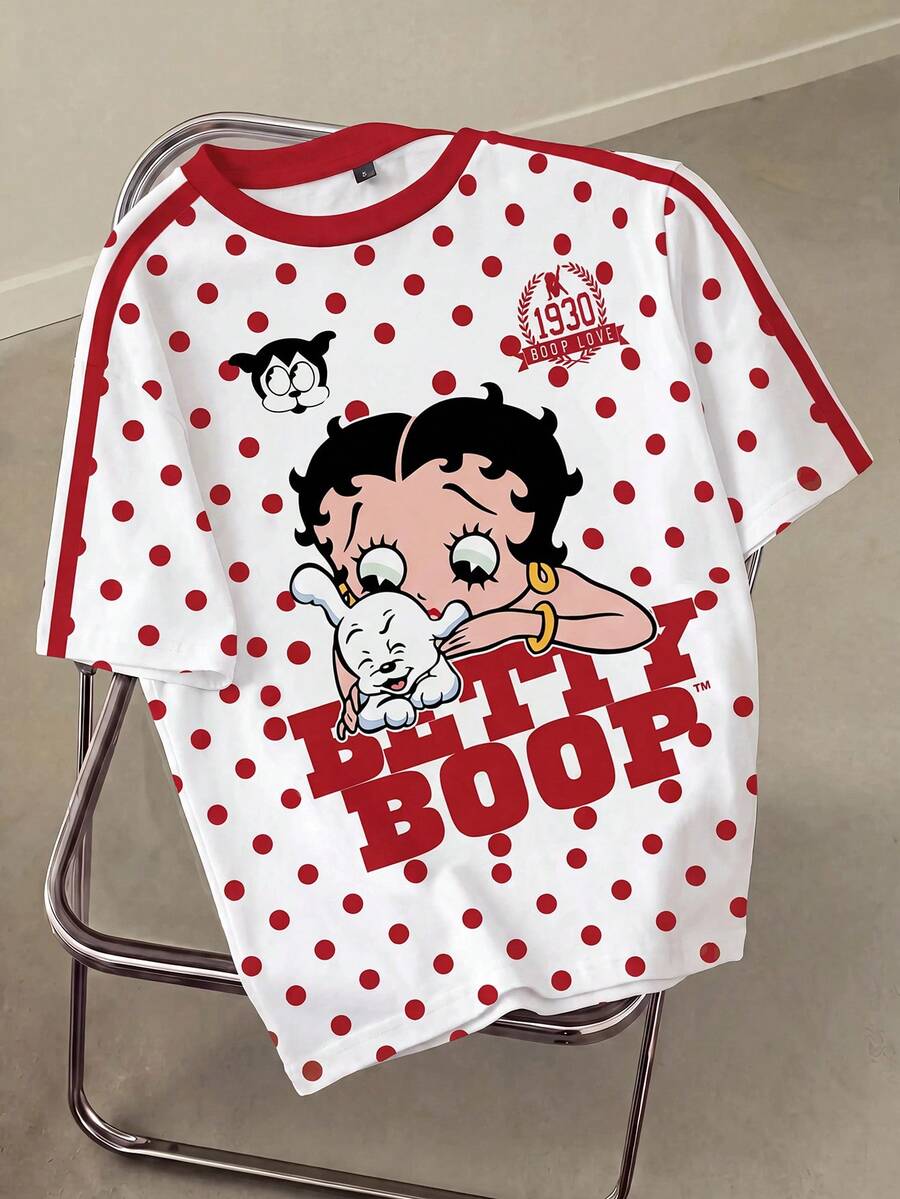 Betty Boop x SHEIN Women's Polka Dot Cartoon Print Short Sleeve T-Shirt - White - View 1