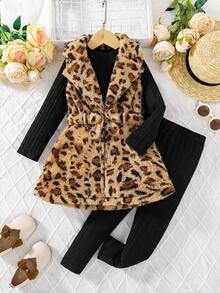 SHEIN 3pcs/Set Girls' Fall Winter Leopard Print Fleece Lapel Cinched Waist Vest Jacket Ribbed High Neck Long Sleeve Base Layer Ribbed Slim Fit 7th Birthday - Black - View 2