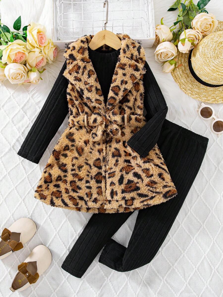 SHEIN 3pcs/Set Girls' Fall Winter Leopard Print Fleece Lapel Cinched Waist Vest Jacket Ribbed High Neck Long Sleeve Base Layer Ribbed Slim Fit 7th Birthday - Black - View 1