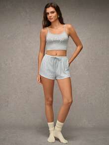 Esseday Conjunto de pijama con estampado de letras y rayas con cintura ajustable, conjunto de pijama para la temporada navideña - Gris Claro - Ver 3