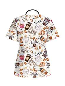 PopScrub Casual Minimalist Scrub Scrub Uniform Top, Coffee & Milk Tea Print Pattern, Suitable For Work Commute, Pet Hospital - Multicolor - View 2