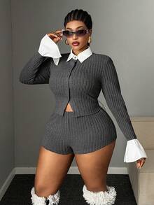 Maweii European & American Style Grey Slim Fit Cropped Patchwork 2 In 1 Knit Cardigan Long Sleeve Jacket & Shorts Plus Size 2 Pieces Set - Grey - View 1