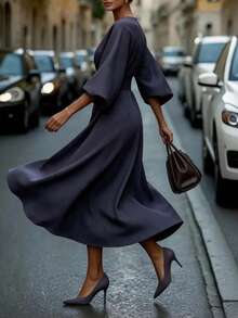 RosyDaze Women's Minimalist Solid Color Fashion Vintage Mid-Sleeve Dress - Blue - View 3