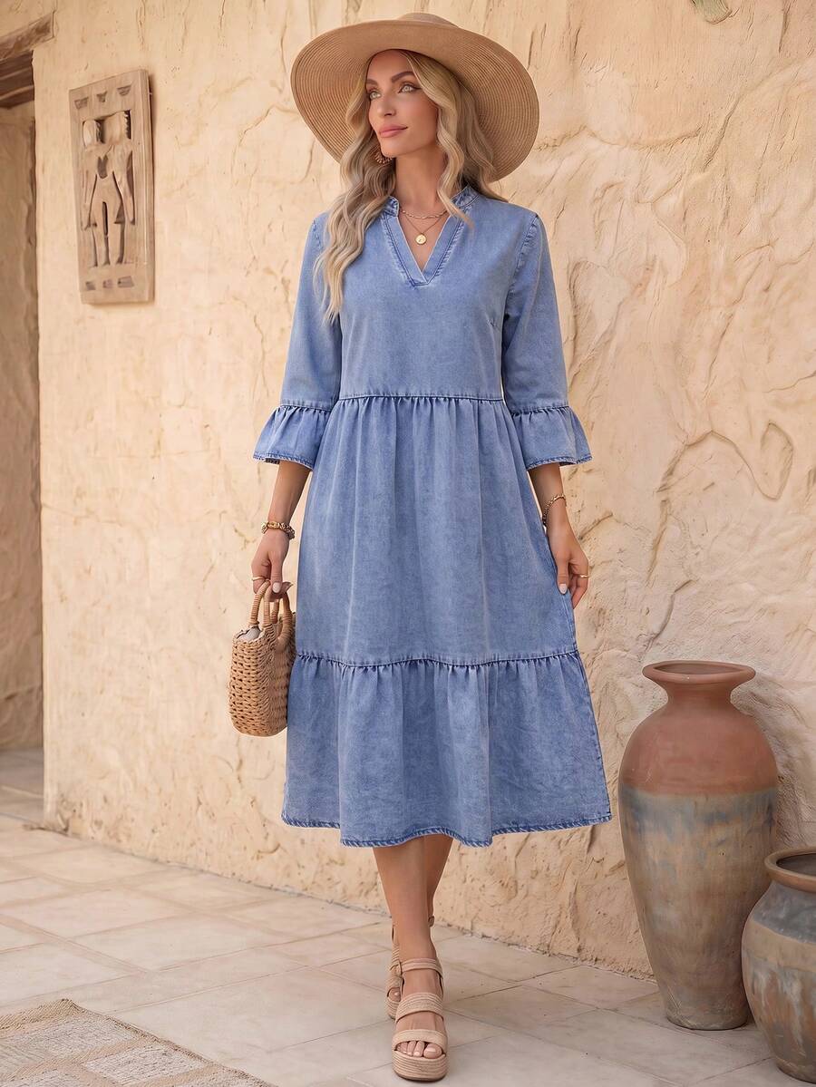 Brillora Women's Casual Boho Denim Vacation Dress Autumn Outfits Country Modest Brunch Light Blue