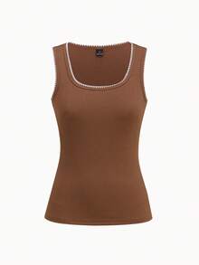 SHEIN EZwear 2件裝復古撞色方領細肩帶背心，極簡百搭無袖修身T恤，貝殼刺繡針織面料，適合外出、通勤與校園穿著 - 彩色 - 查看 9