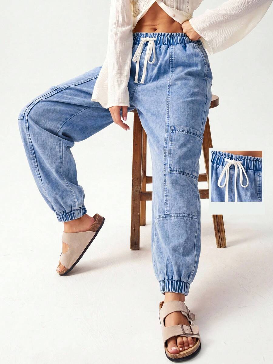Bohemela Plus Size Casual Washed Tapered Leg Jeans Back-To-School Vacation Light Blue Summer Women'S Fall Clothes Teacher Pants - Light Wash - View 1