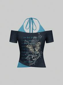 Attitoon Camiseta 2 en 1 de manga corta con cuello halter y estampado de mariposa y letra para mujer - Multicolor - Ver 7