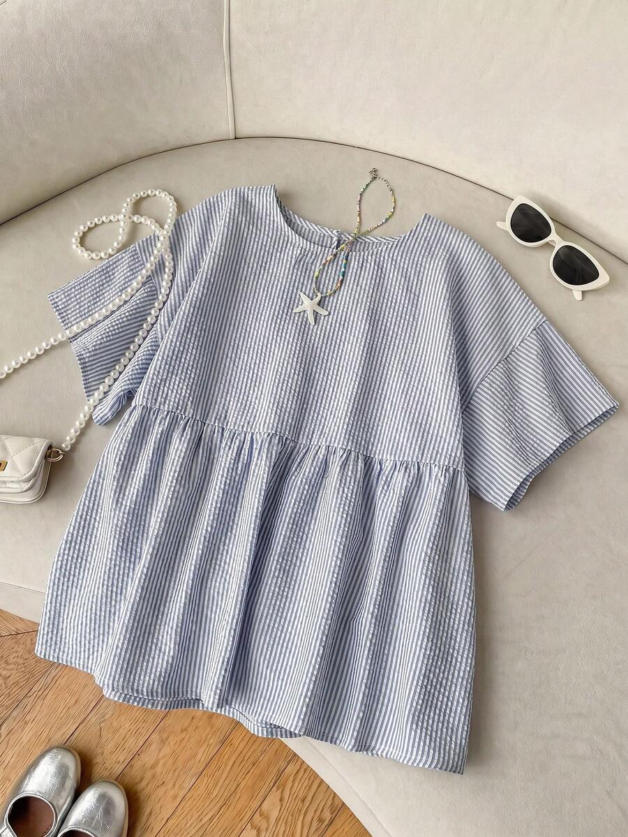 SHEIN EZwear 條紋短袖大尺碼女款襯衫 - 藏蓝色 - 查看 1