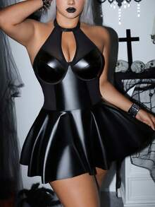 AltCore 1pc Plus Size Fashion Pioneer Sexy Punk Mesh & PU Leather Patchwork Bodycon Dress - Black - View 1