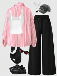SHEIN 青少年女孩日常通勤溫柔清新優雅春夏櫻花粉輕便襯衫搭配百搭百搭細肩帶背心與純色直筒寬腿褲3件套 - 藕粉色 - 查看 2
