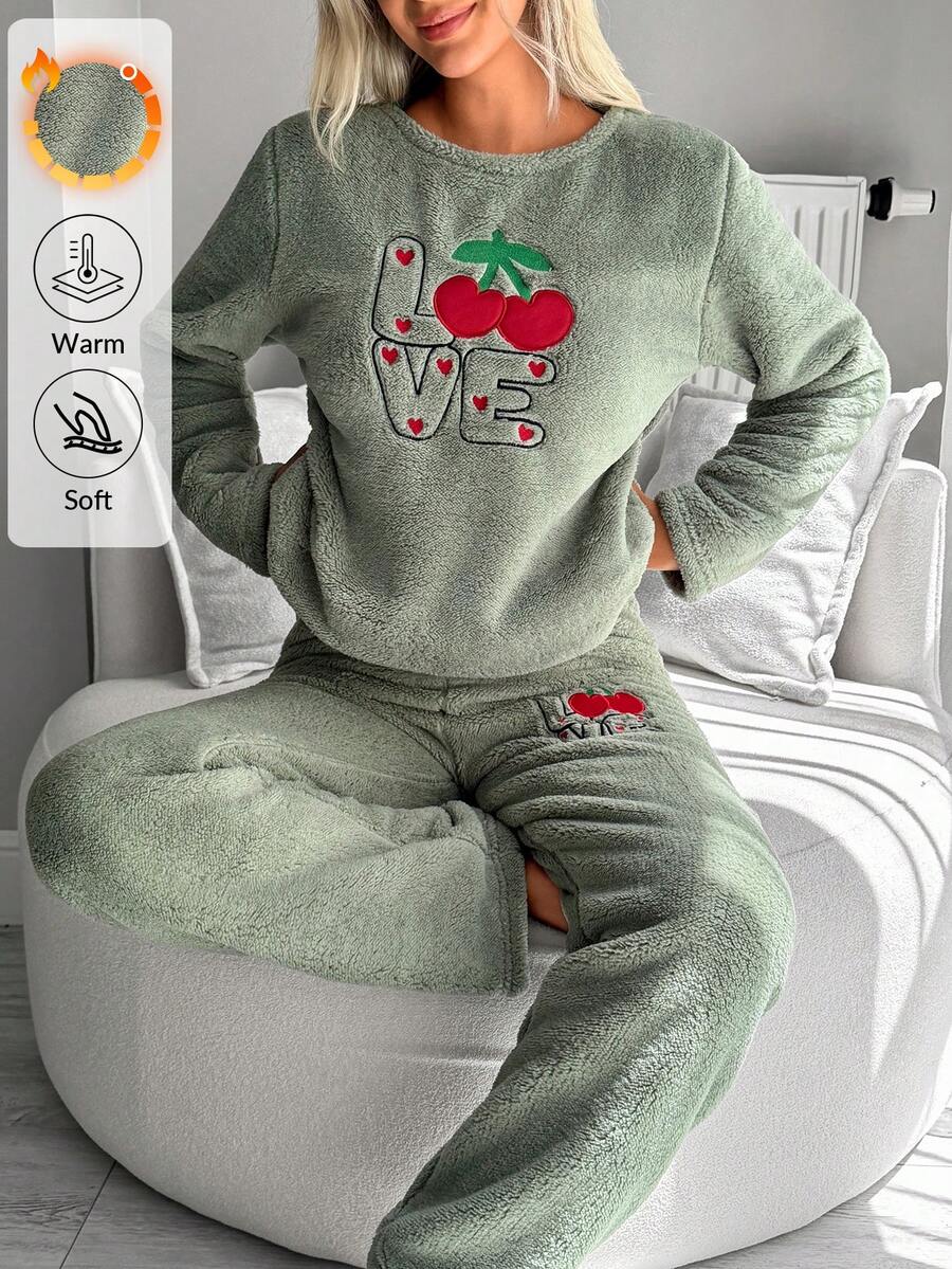 SHEIN Sage Green Fuzzy Plush Cherry Love Embroidery Cozy Winter Homewear Pajama Set